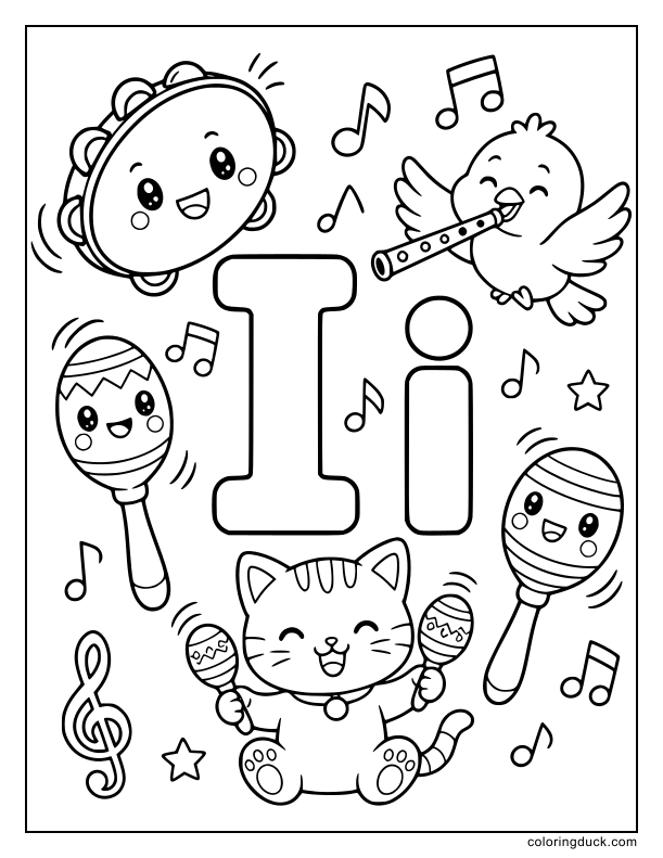 Musical instruments arranged playfully around a thick capital and lowercase letter I.