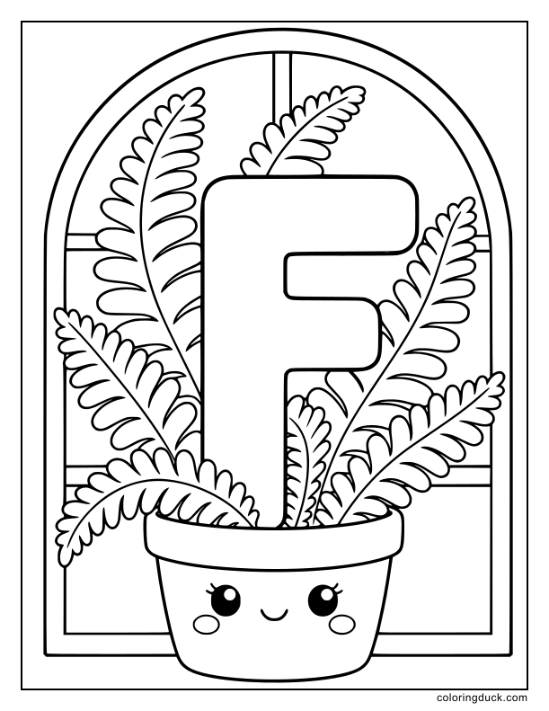 Potted fern plant wrapping its leaves around a large letter F.