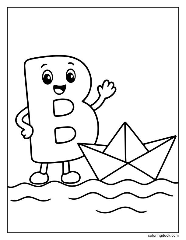 Folded origami ship floating on small waves next to a standing alphabet sign.