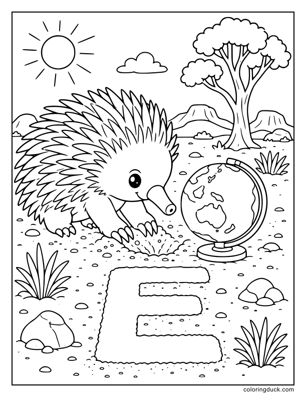 Curious echidna poking its nose at a round earth globe beside a big letter E in the sand.