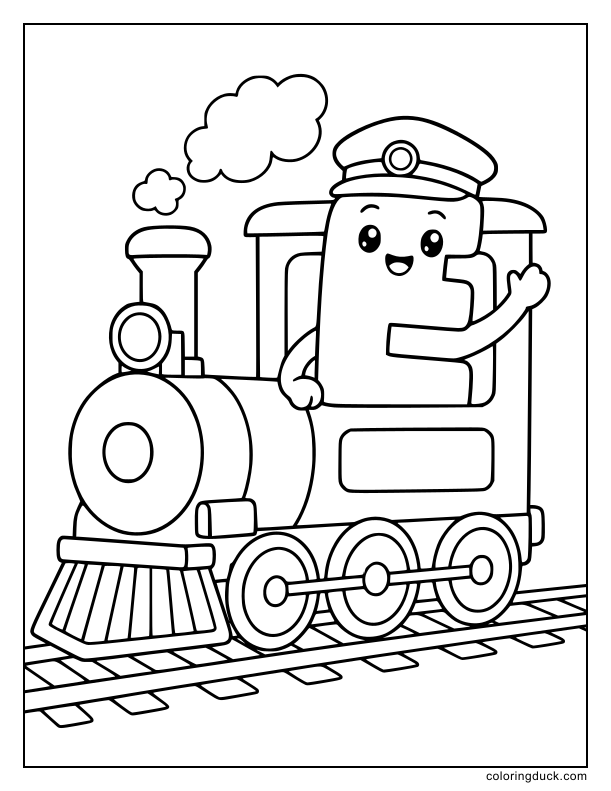 Joyful letter E wearing an engineer hat driving a train engine.