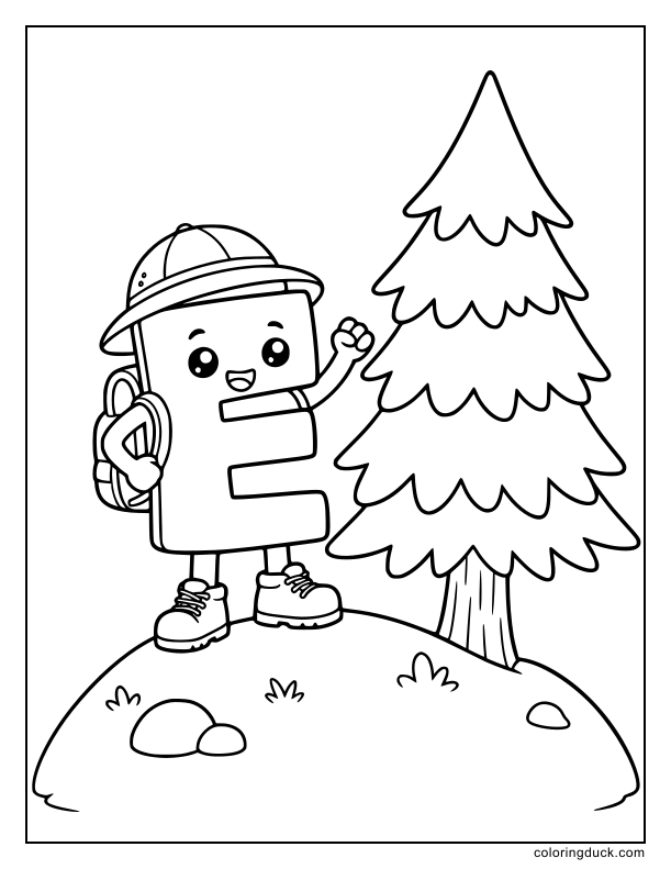 Adventurous letter E standing next to a tall evergreen tree on a hill.