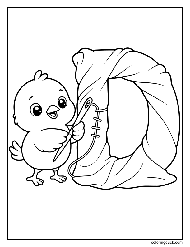 Cute tailor bird stitching a beautiful dress next to a standing letter D block.
