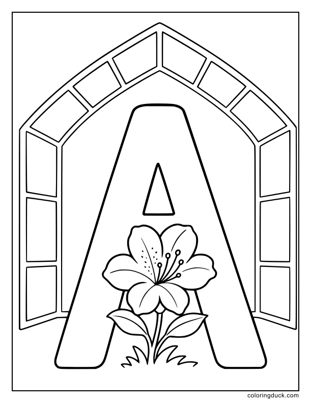 Single beautiful azalea blossom growing from the base of letter A.
