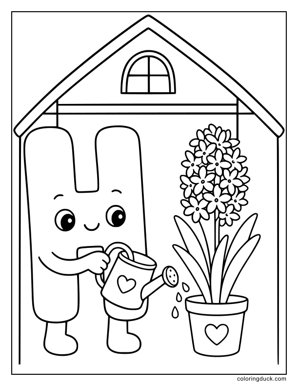 Gentle letter H holding a small watering can over a blooming potted hyacinth.