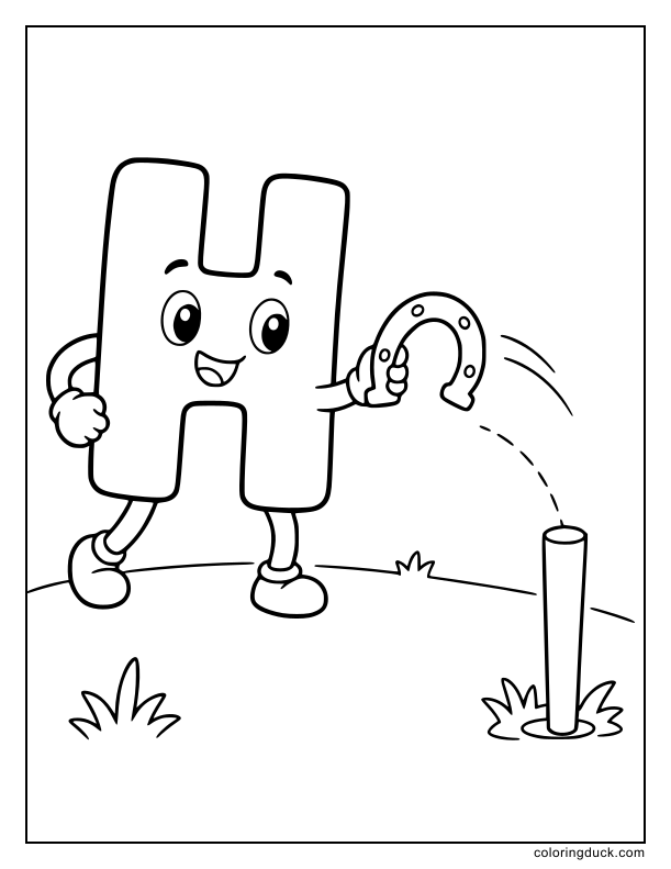 Smiling letter H getting ready to throw a lucky iron horseshoe toward a stake.
