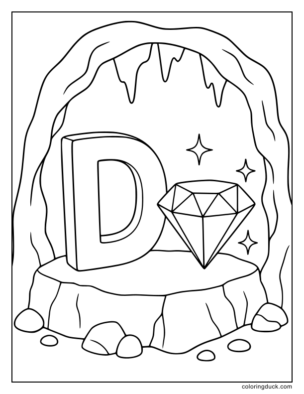 Huge shiny diamond sitting next to a bold letter D on a simple flat rock.
