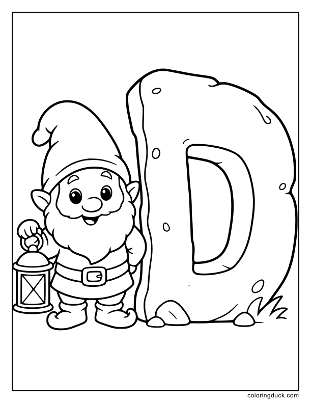 Deep inside the cave, a cheerful gnome holding a lantern next to a giant stone letter D.