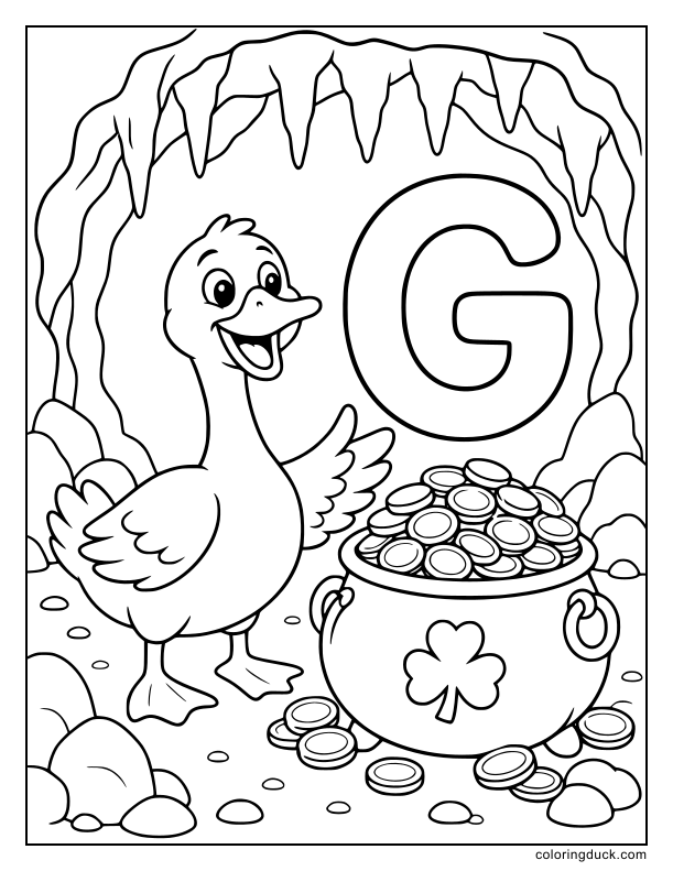 Proud goose discovering a shiny pot of gold coins beside a large letter G inside a hidden cave.