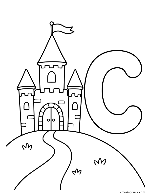 Magical castle towering over the landscape with a giant letter C on the front door.