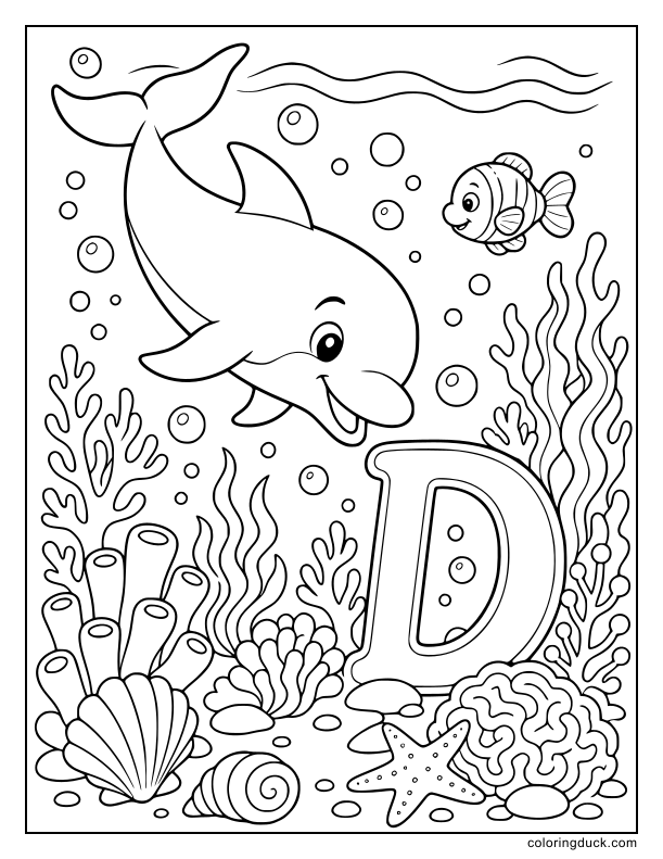 Smiling dolphin gracefully diving through the ocean waves over a beautiful coral reef that surrounds a majestic letter D.