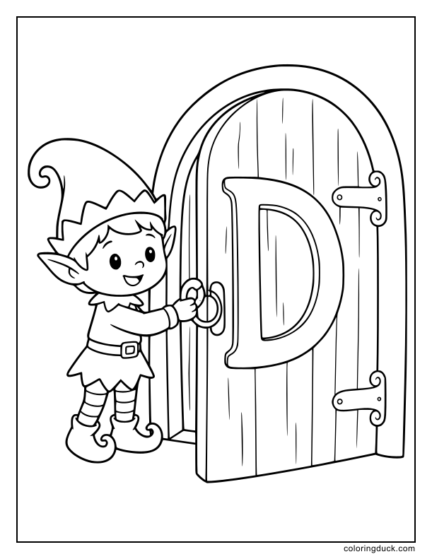 Tiny elf opening a magical wooden door featuring a large letter D in the center.
