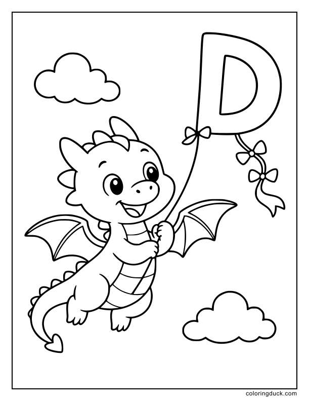 Friendly dragon soaring through the sky holding a kite with a huge letter D.