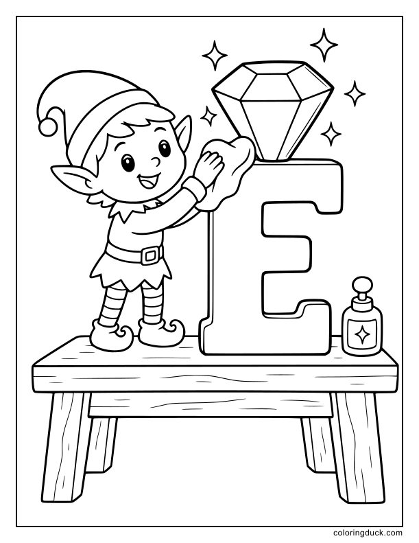 Elf polishing a giant emerald sitting on a big letter E.