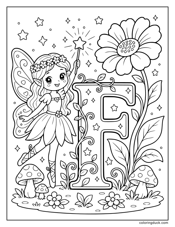 Magical fairy standing next to a giant blooming flower holding a wand.
