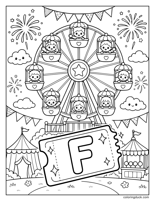 Giant Ferris wheel turning at a carnival while fireworks explode in the sky.