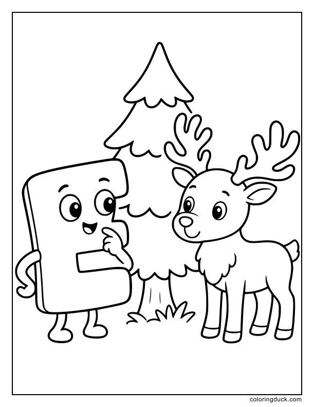 Curious letter E peeking behind a pine tree at a smiling elk.