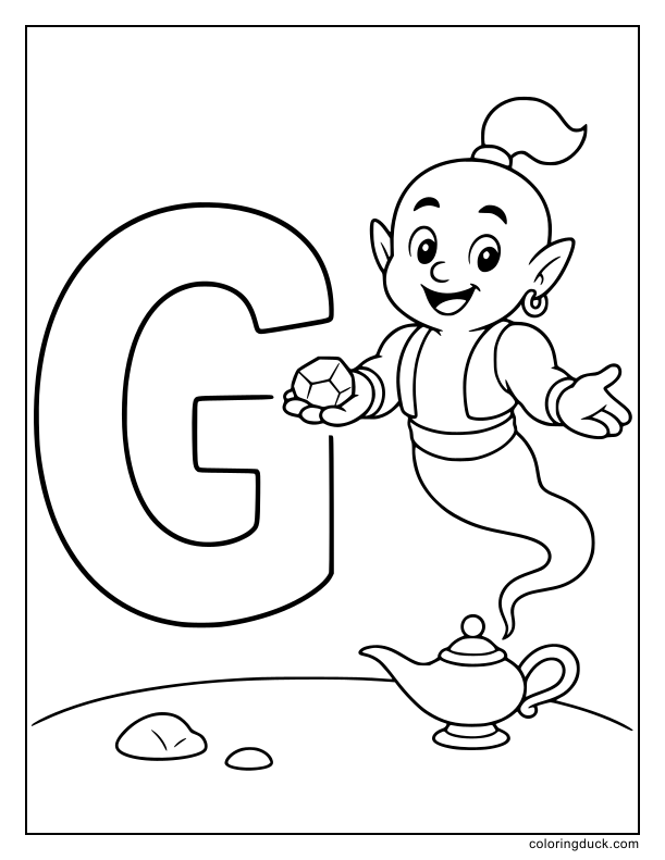 Smiling genie hovering out of a lamp offering gold coins next to a letter G.