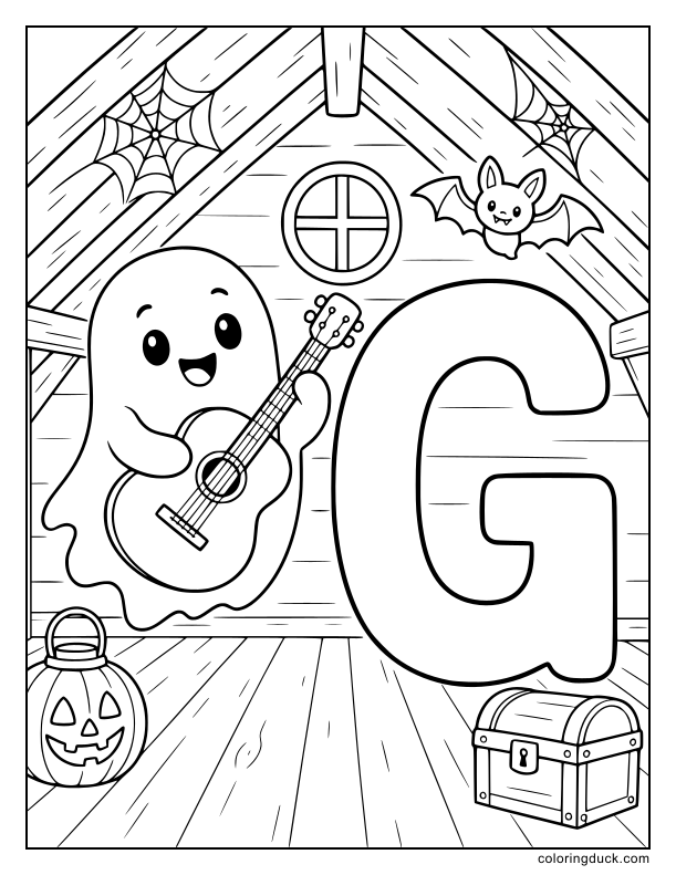 Smiling friendly ghost floating in space with a wrapped gift beside a giant G.