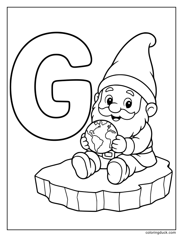 Little gnome holding a small globe sitting on ice with a large G.