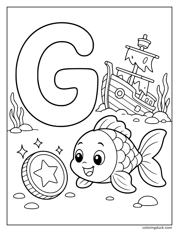 Smiling goldfish discovering a shiny gold coin near a sunken ship and a letter G.