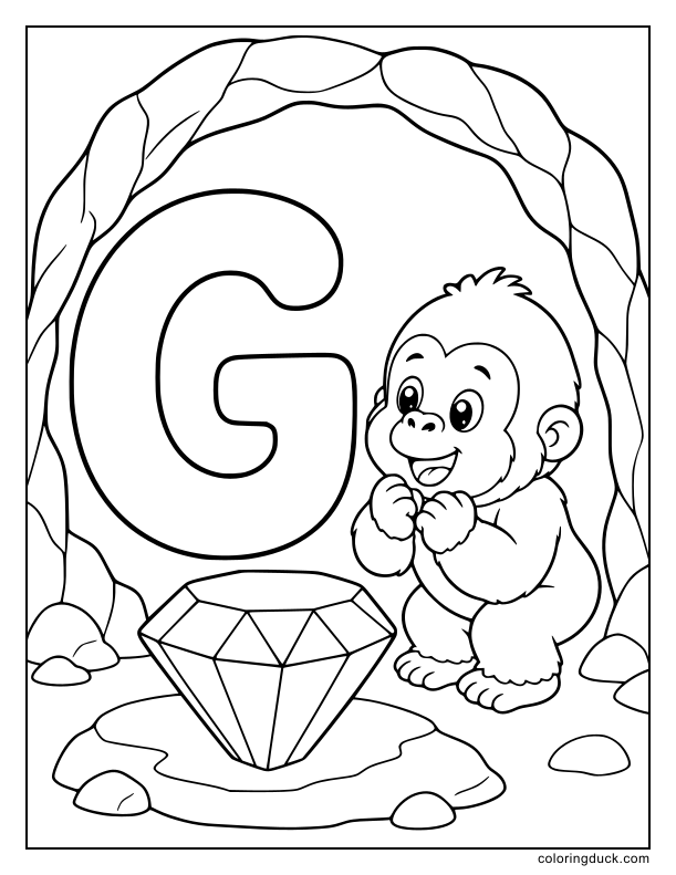 Little gorilla admiring a huge gemstone in a cave beside a G.