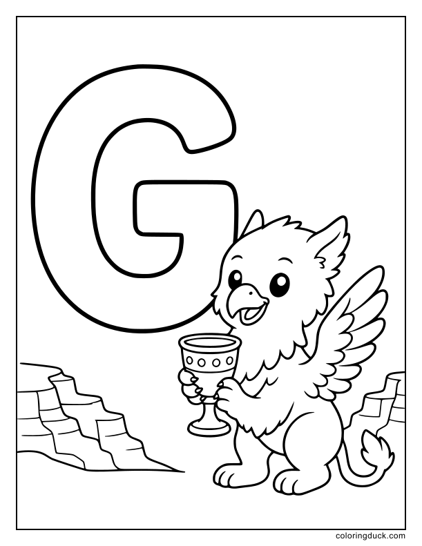 Mythical griffin carrying a royal goblet near a big letter G.