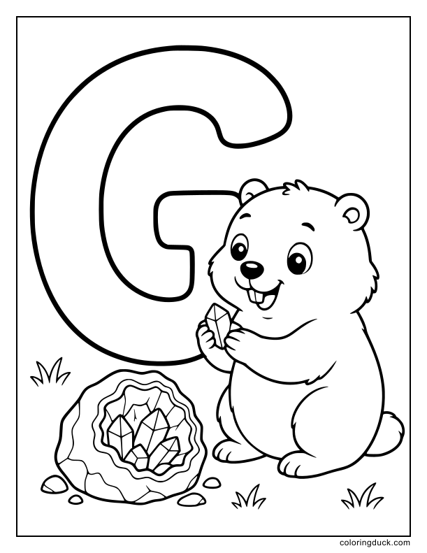 Sweet groundhog finding a cracked geode crystal next to a letter G.