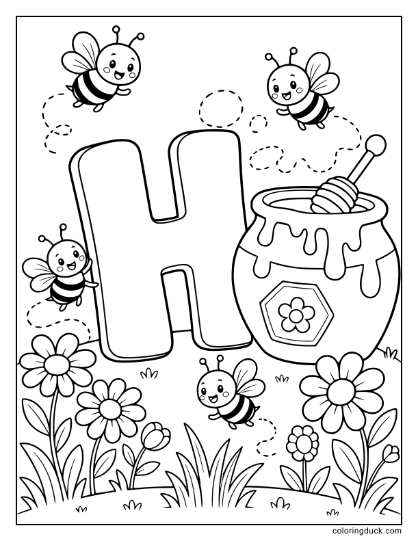 Several honeybees buzzing joyfully around a giant sweet letter H resting next to a dripping honey pot.