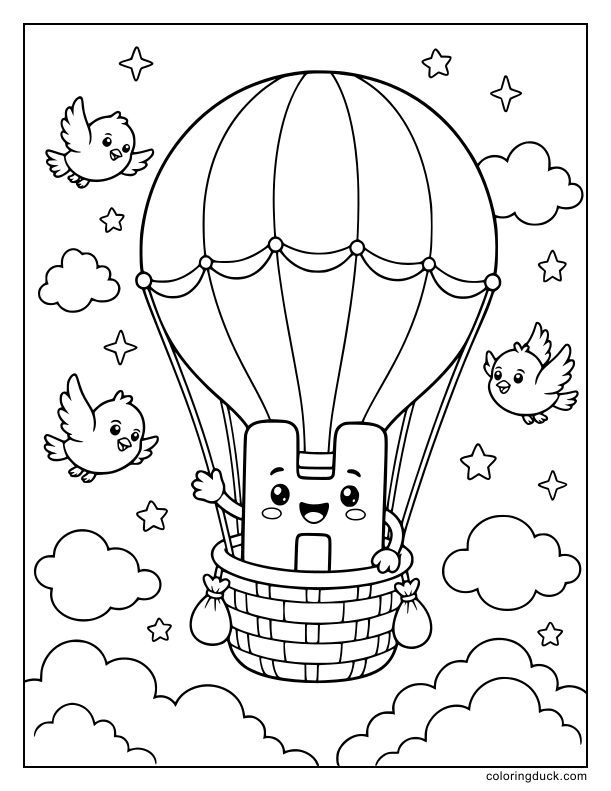 Striped hot air balloon carrying a smiling letter H floating peacefully among the twinkling stars and clouds.