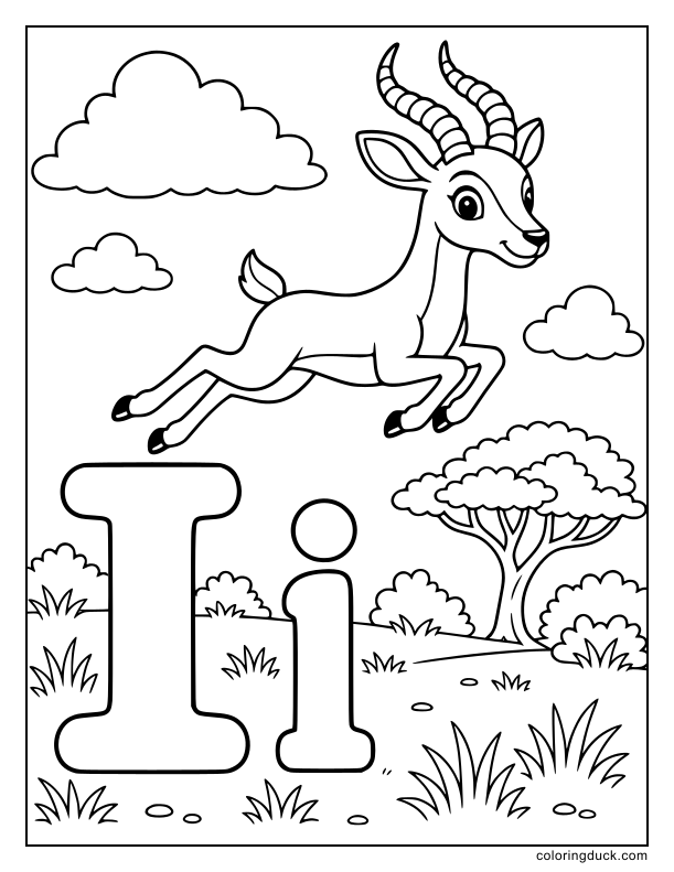 Graceful impala leaping high into the air beside the bold letter I.