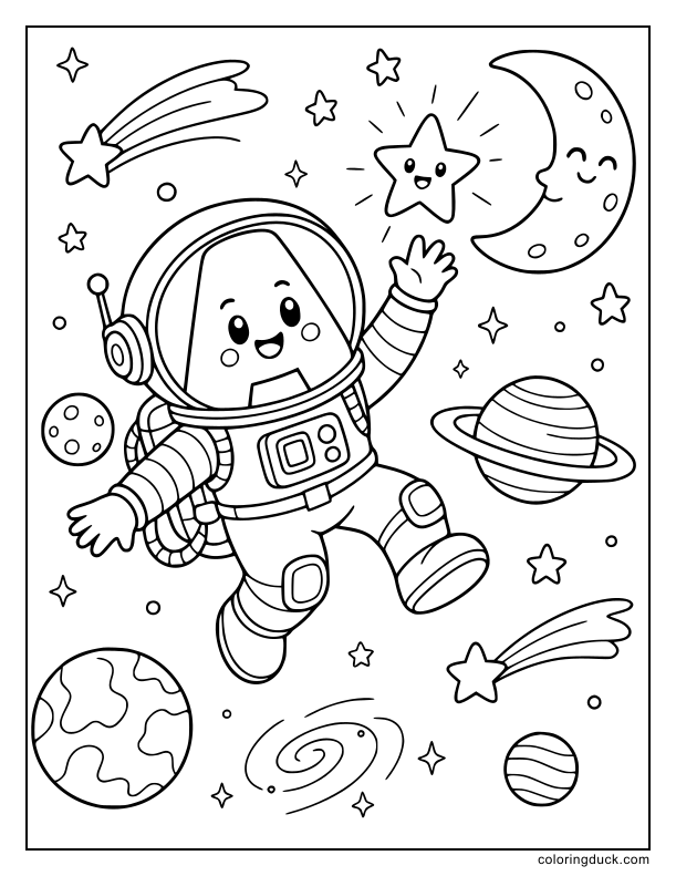 Glowing letter A dressed in an astronaut suit reaching out to grab twinkling stars near a moon.