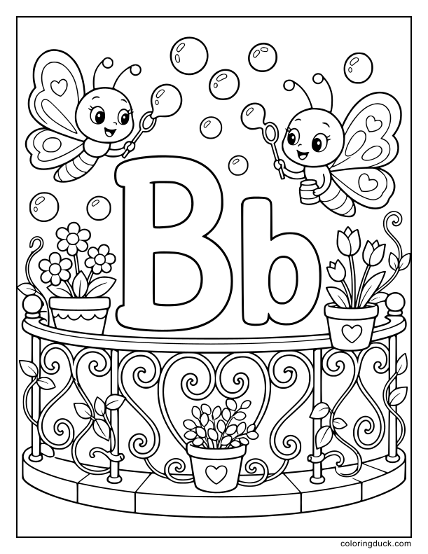 Two beautiful butterflies fluttering around floating bubbles near a decorated letter B on a balcony.