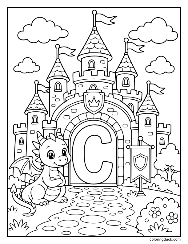 Grand castle with tall towers framing a large letter C in a royal courtyard.