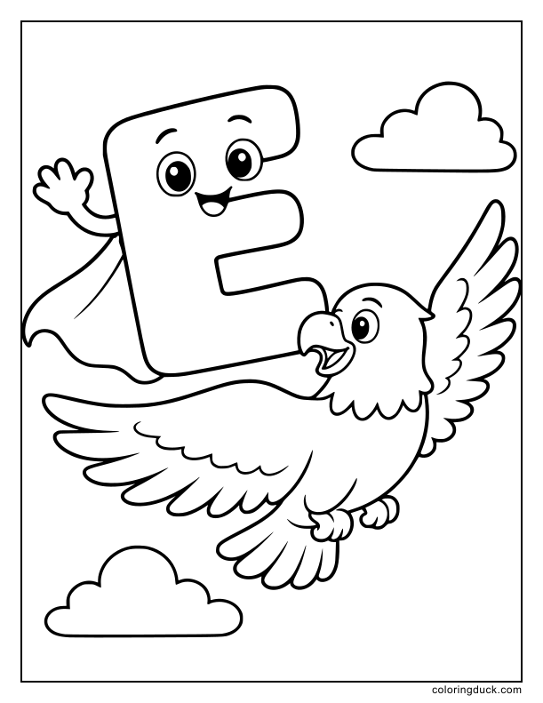 Cute letter E soaring through the clouds alongside a friendly eagle.