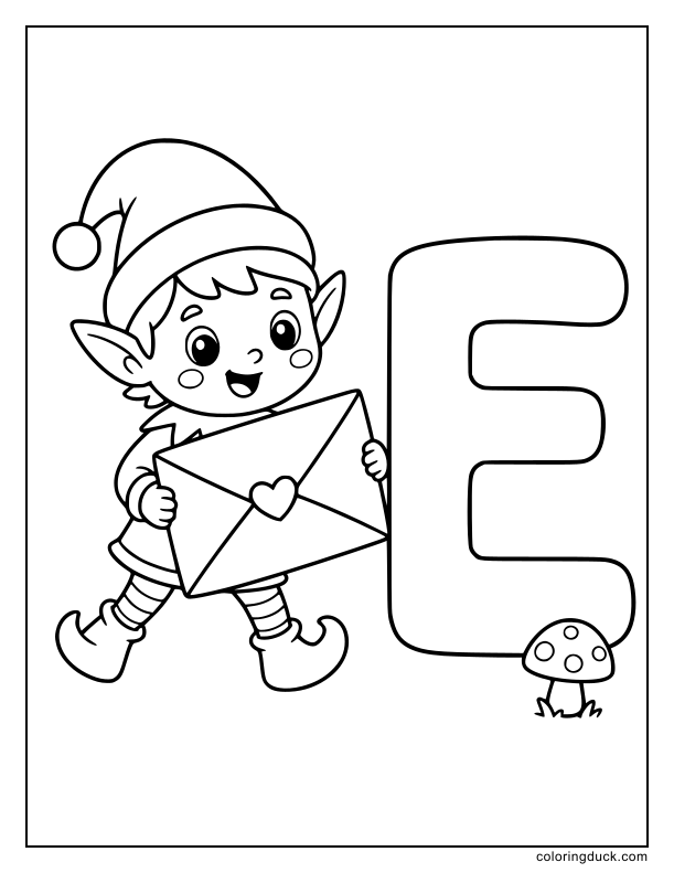 Cheerful elf carrying an envelope beside a large letter E.