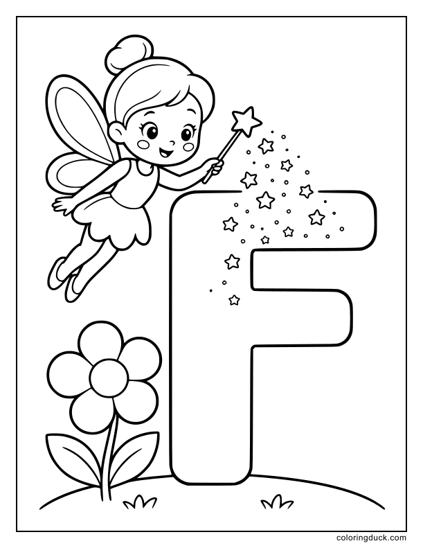 Sweet fairy sprinkling star dust on a giant letter F.