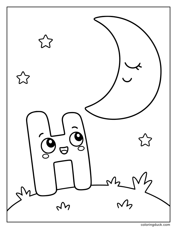 Dreamy letter H gazing up at a large, glowing half moon in the sky.
