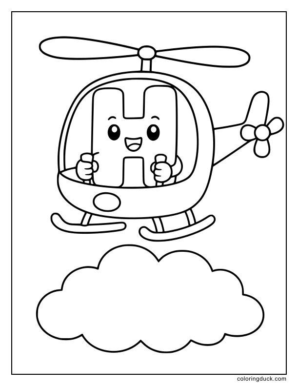 Smiling letter H character soaring through the sky while gripping the controls of a tiny helicopter.