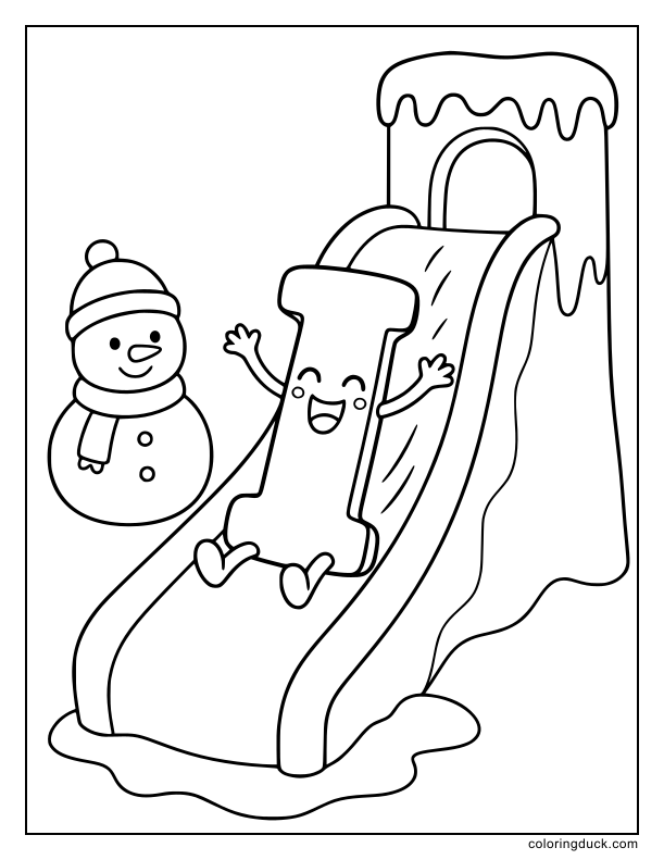 Laughing letter I sliding down a big smooth ice slide in a snowy park.