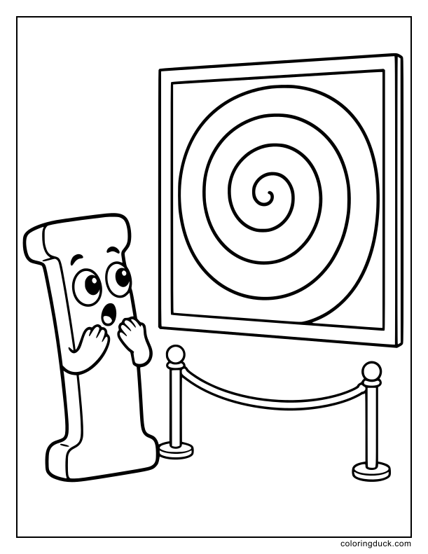 Amazed letter I staring at a giant spiral optical illusion painting on a wall.