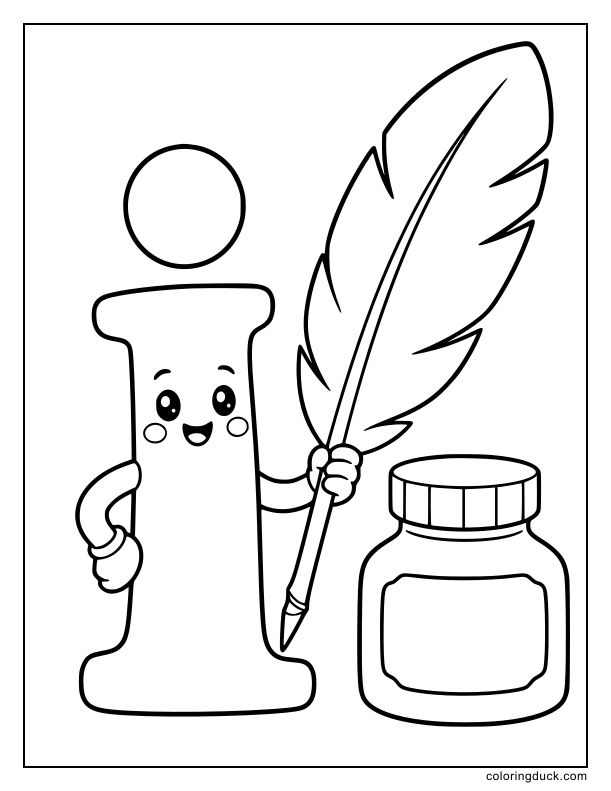 Friendly lowercase letter I holding a giant quill next to an ink bottle.