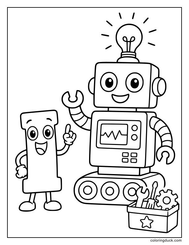 Excited letter I standing next to a big simple robot invention with a lightbulb.