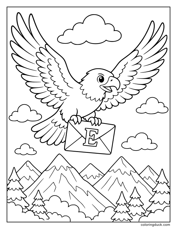 High in the clouds, a powerful eagle soaring carrying a sealed envelope stamped with a big letter E.
