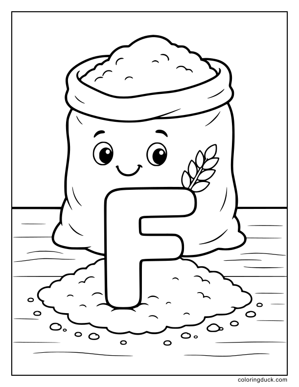 Open sack of flour spilling white powder around a big letter F.