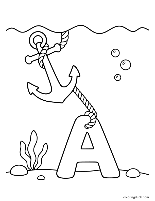 Heavy boat anchor tied to a giant letter A under simple waves.