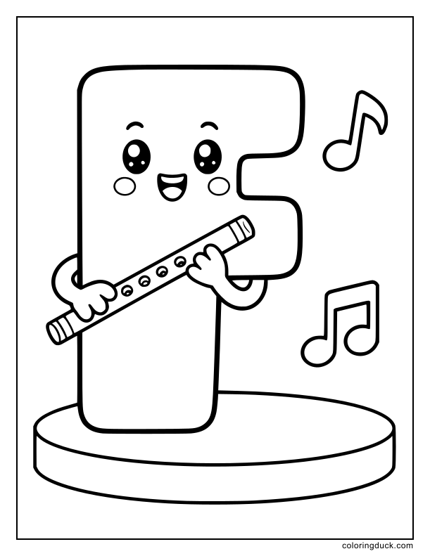 Cheerful letter F holding a tiny flute with floating music notes.