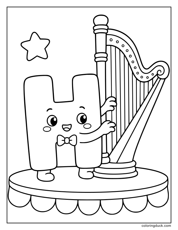 Musical letter H character gently plucking the strings of a beautiful tall harp under a spotlight.
