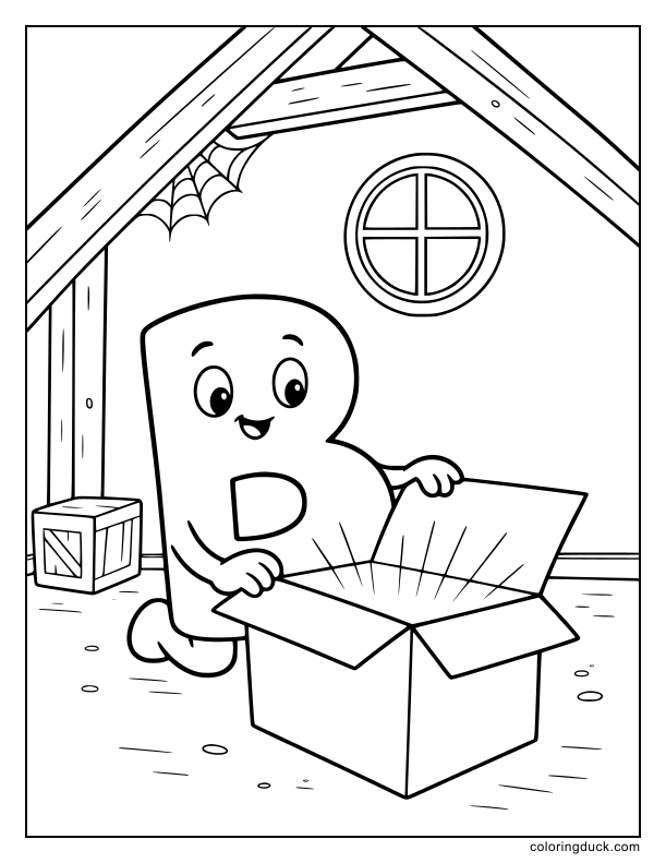 Square container with open flaps revealing magical light near an alphabet shape.