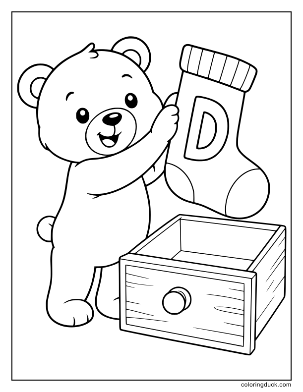 Teddy bear pulling a large sock with a letter D out of an open drawer.
